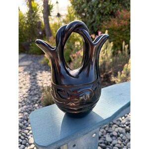 Vtg Blackware Pottery Celest & Evelyn Signed Wedding Vase Sta. Clara Pueblo 8"T